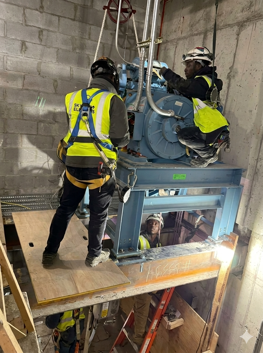Skyline crew installing elevator